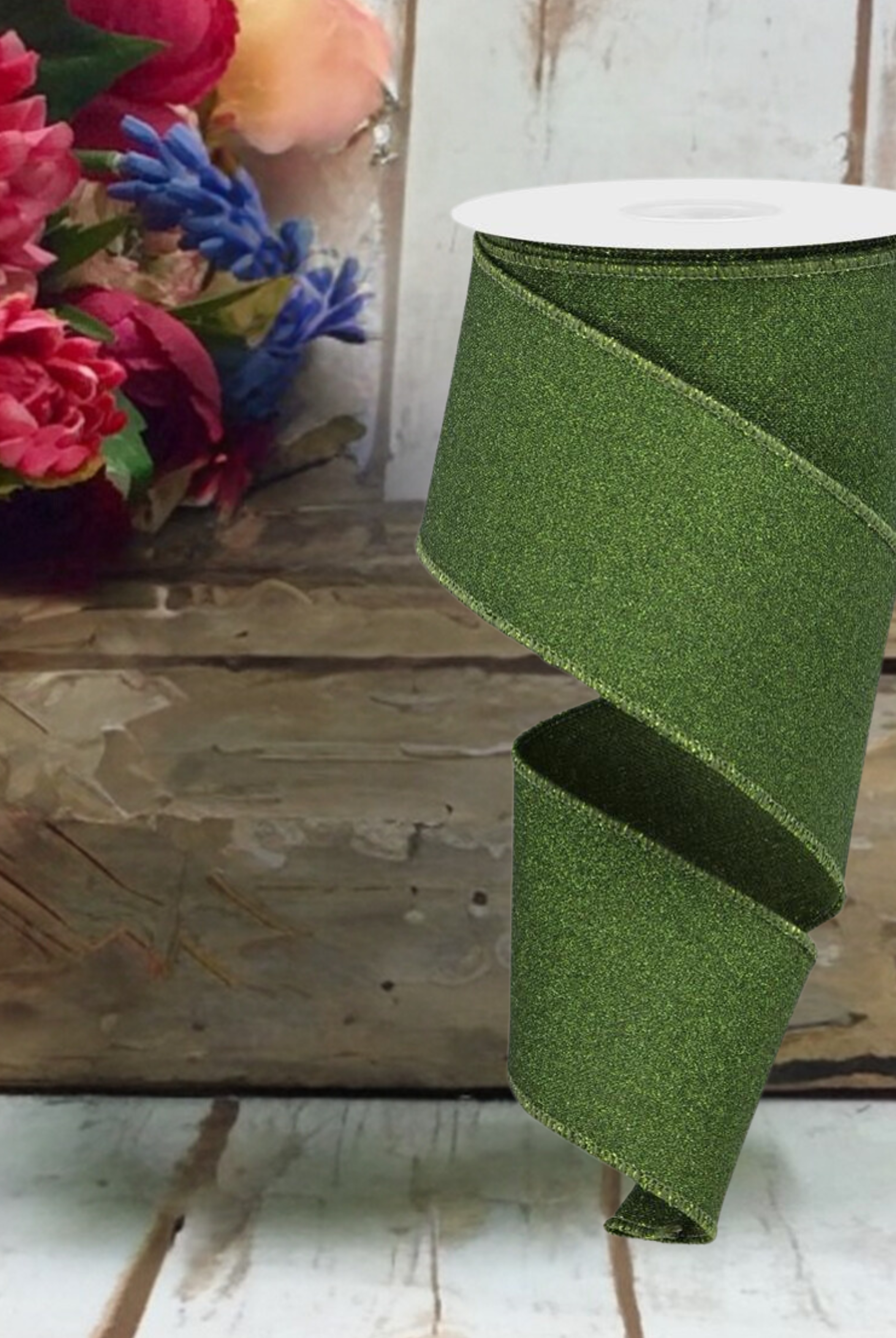 Shop For 2.5" Fine Glitter on Royal Ribbon: Moss Green (10 Yards)