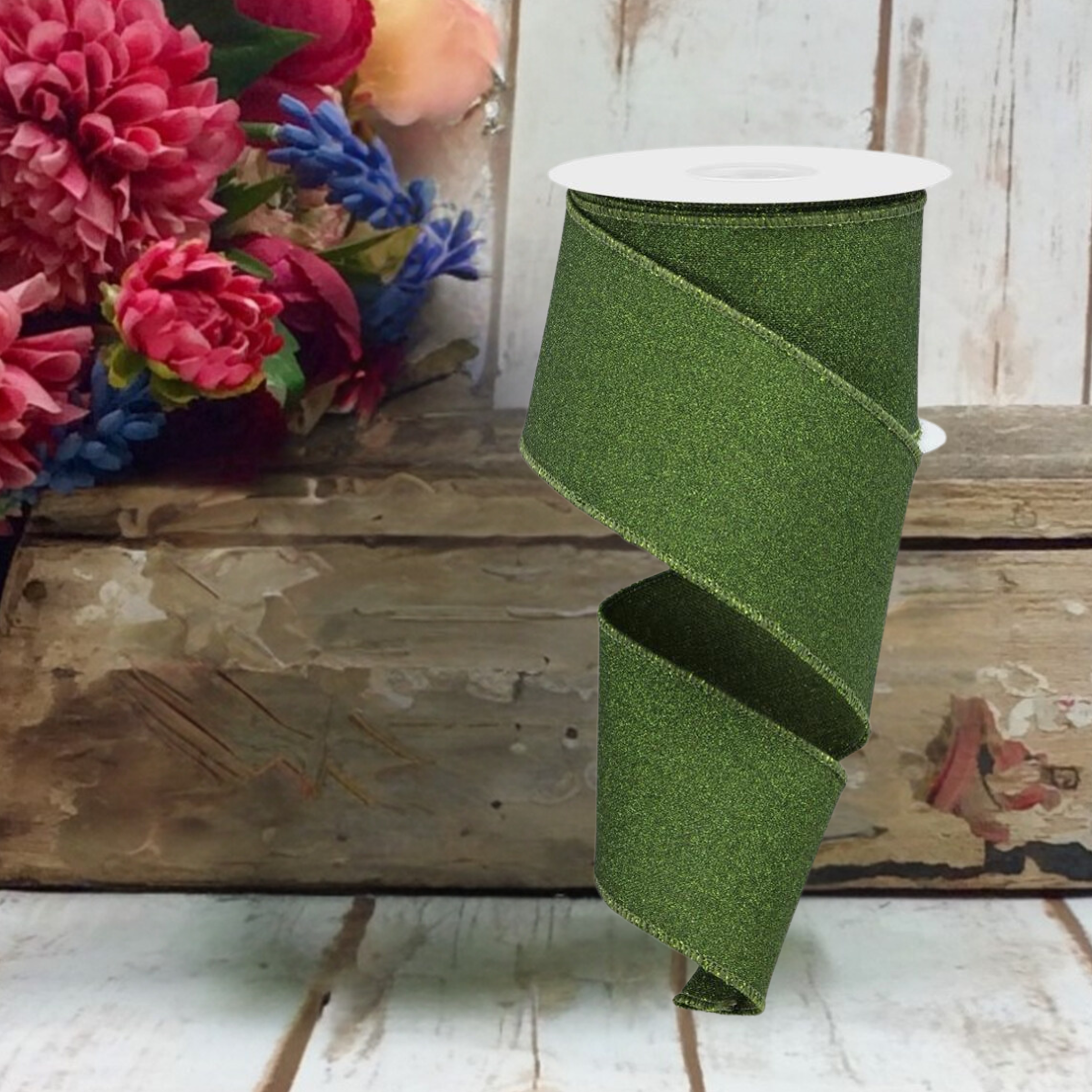 Shop For 2.5" Fine Glitter on Royal Ribbon: Moss Green (10 Yards)