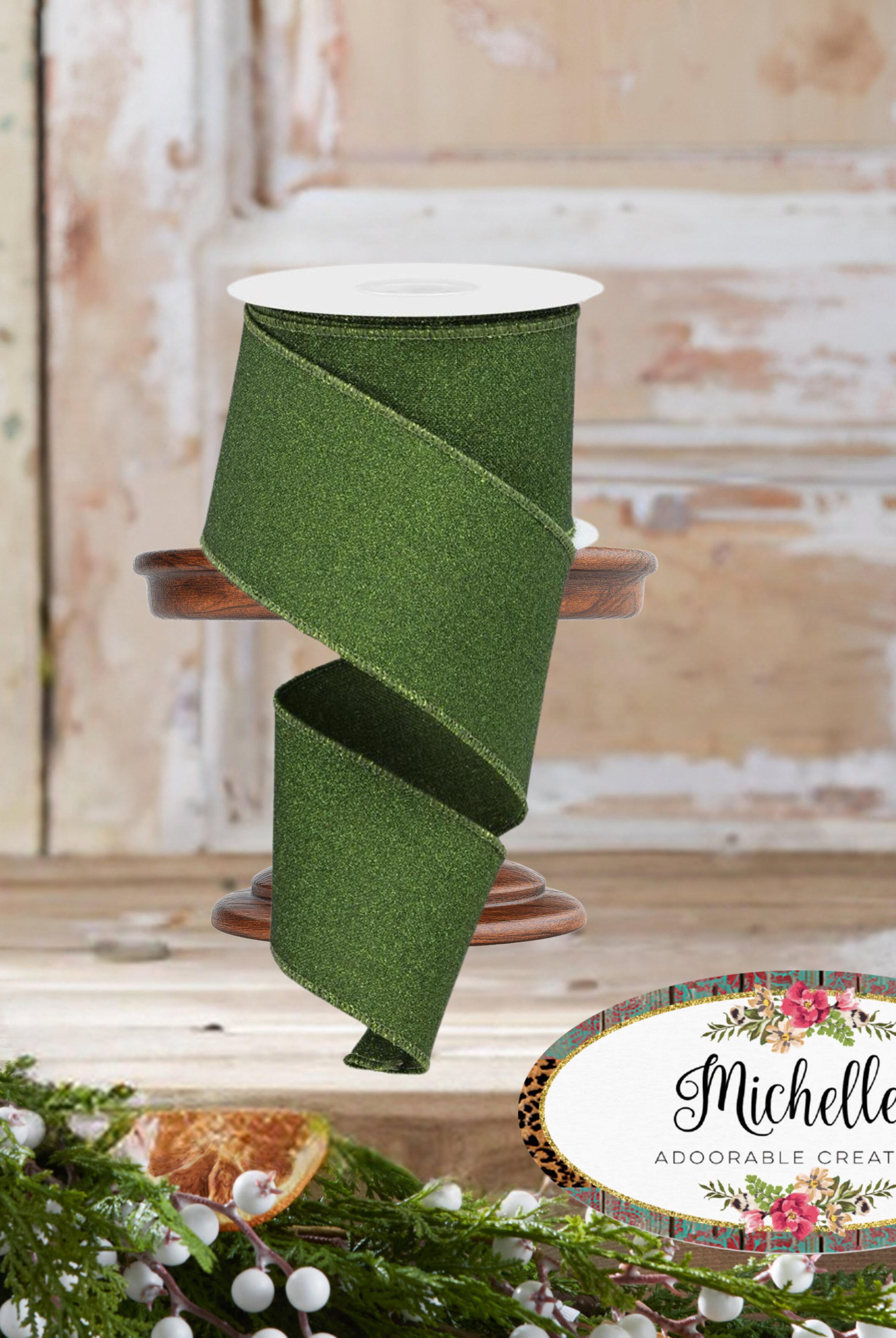 Shop For 2.5" Fine Glitter on Royal Ribbon: Moss Green (10 Yards)