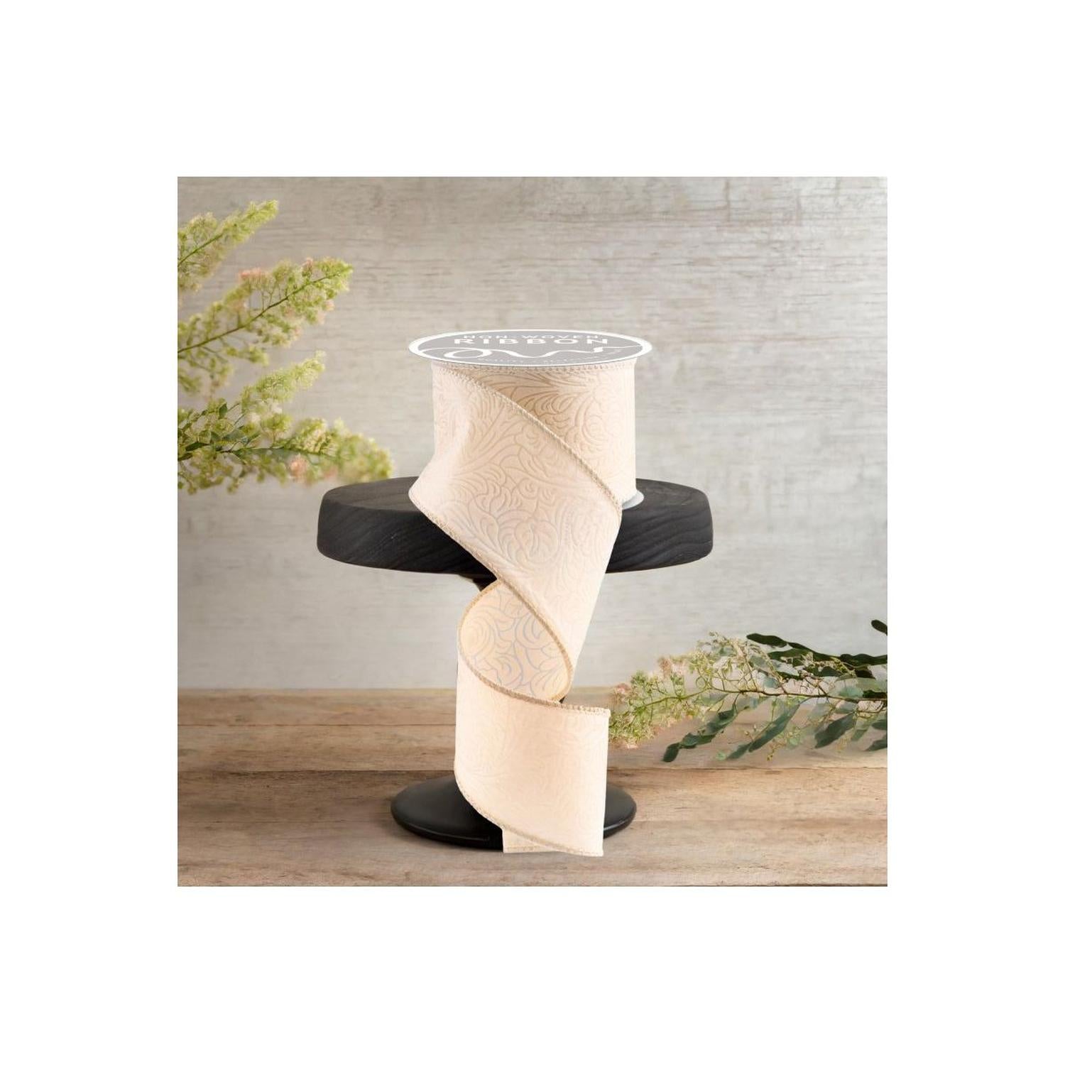 2.5" Flower Embossed Ribbon: Blush Cream (10 Yards)