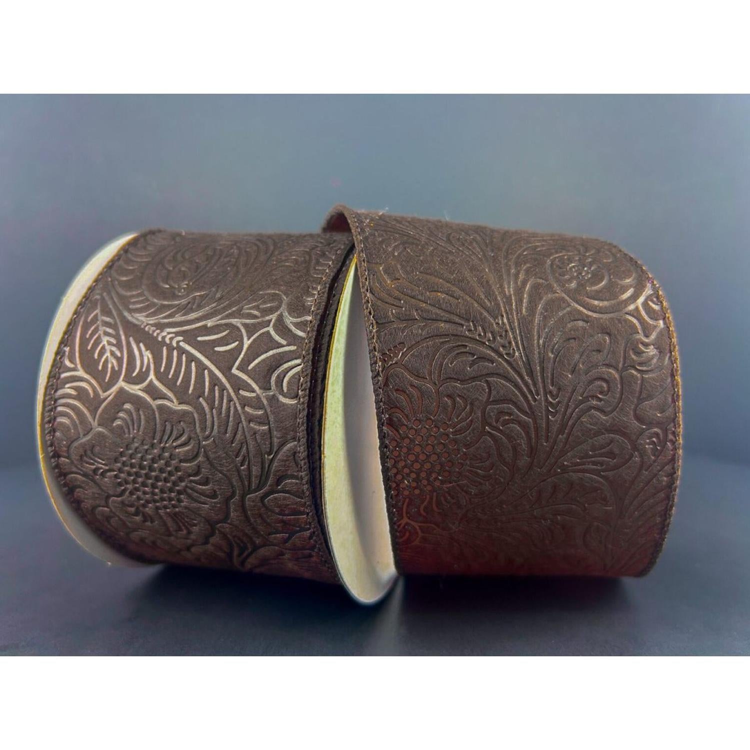 2.5" Flower Embossed Ribbon: Brown (10 Yards)