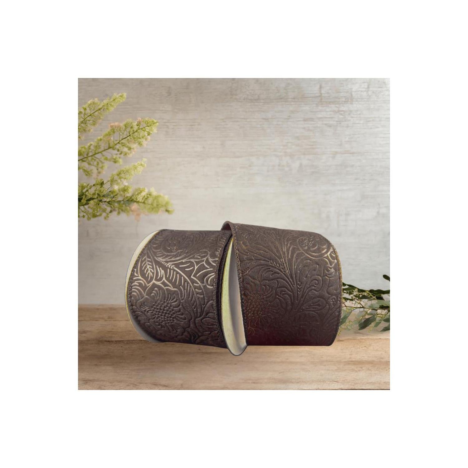 2.5" Flower Embossed Ribbon: Brown (10 Yards)