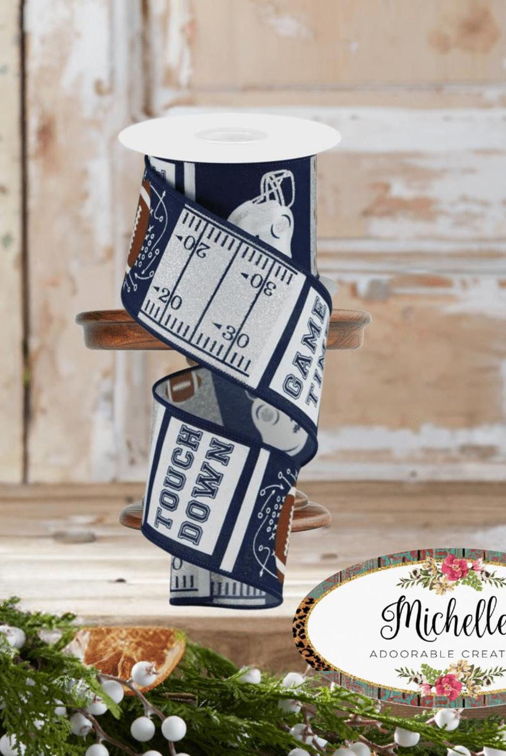 2.5" Football Block Pattern Ribbon: Navy/Silver (10 Yards)