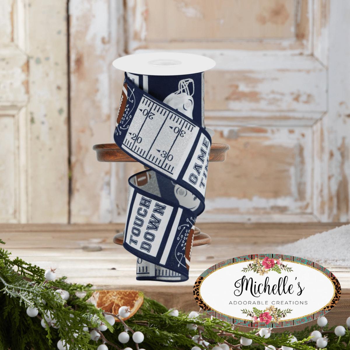 Shop For 2.5" Football Block Pattern Ribbon: Navy/Silver (10 Yards)