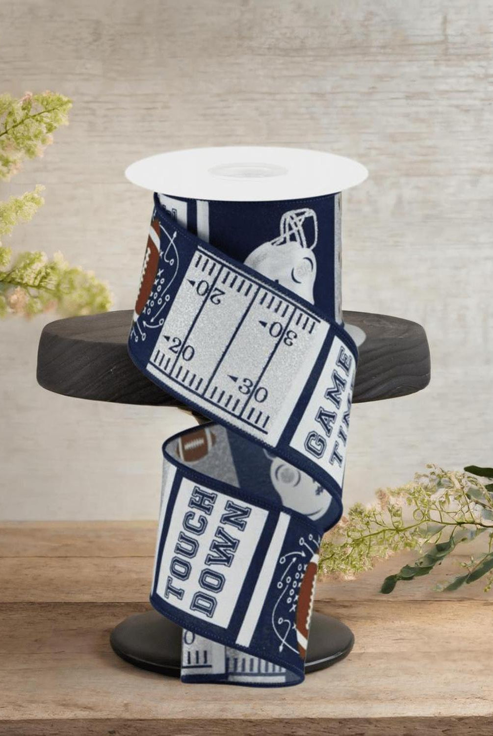 2.5" Football Block Pattern Ribbon: Navy/Silver (10 Yards)