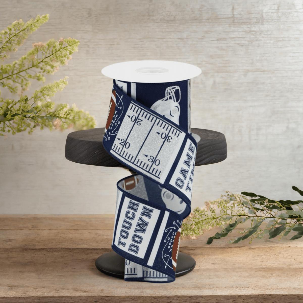 Shop For 2.5" Football Block Pattern Ribbon: Navy/Silver (10 Yards)