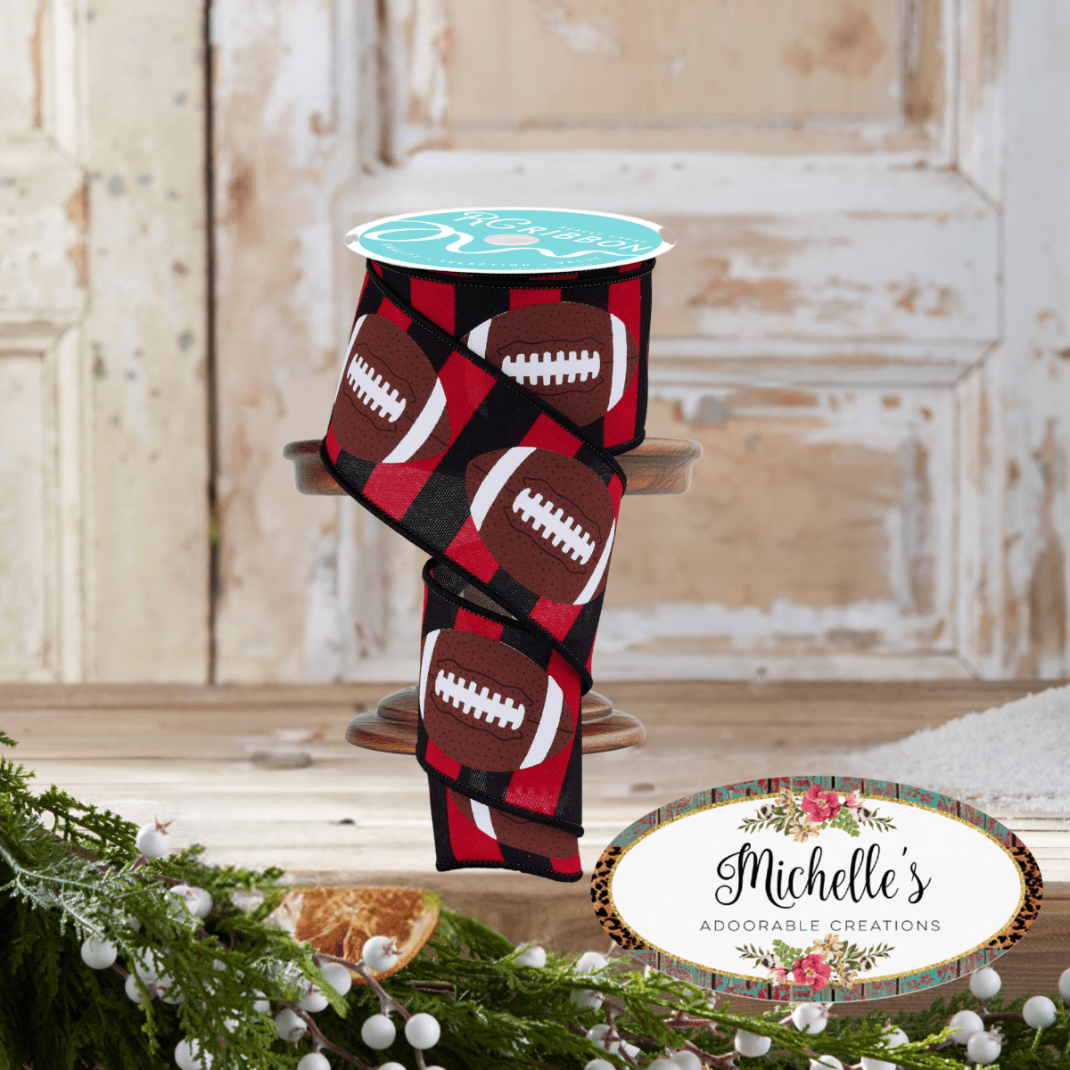 Shop For 2.5" Footballs on Royal Ribbon: Red/Black (10 Yards)