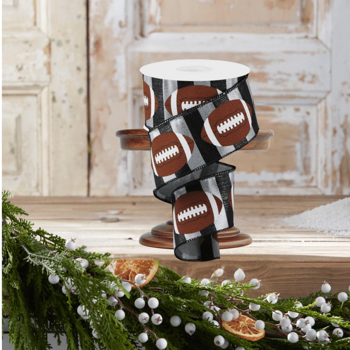 Shop For 2.5" Footballs On Stripe Ribbon: Black & Silver (10 Yards)