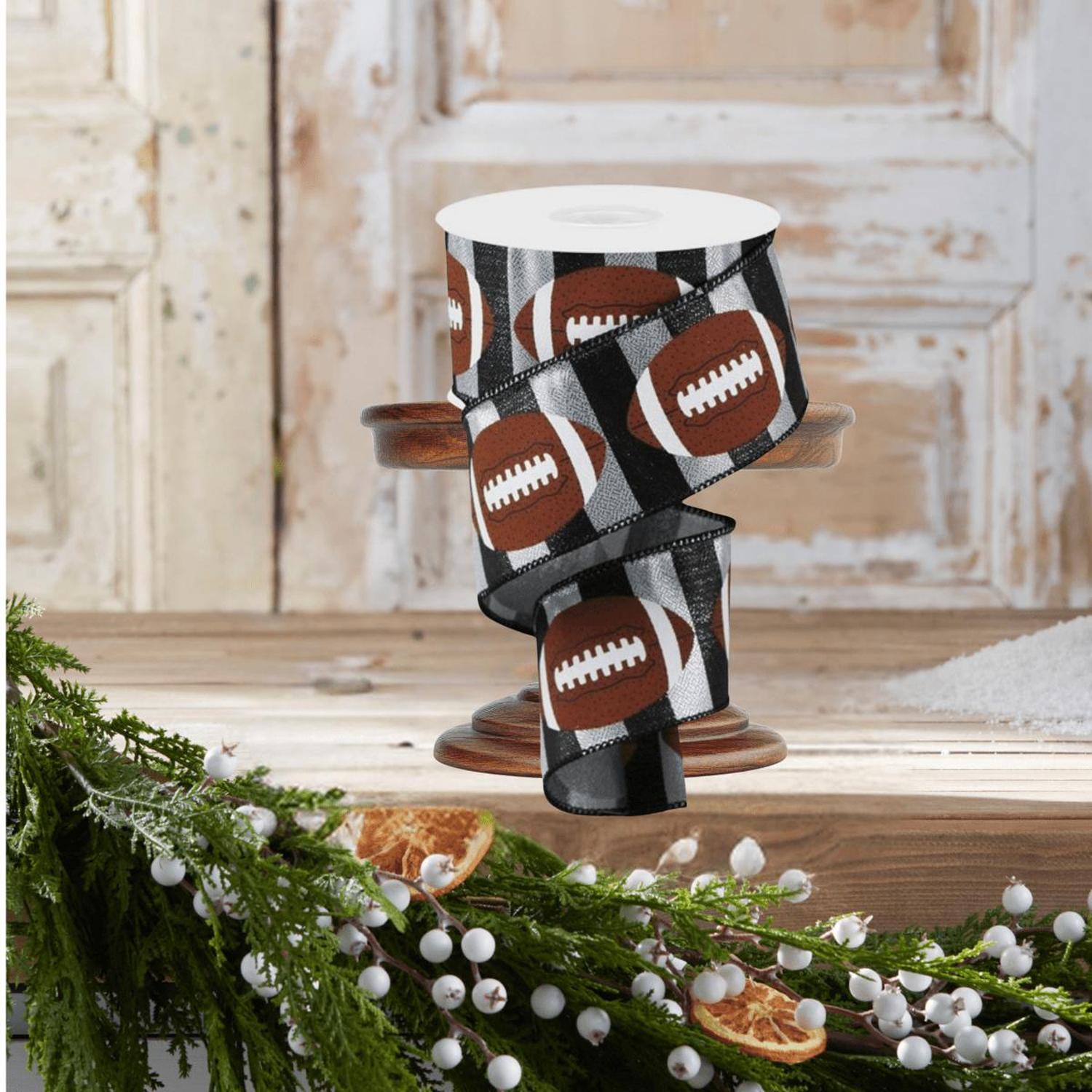 2.5" Footballs On Stripe Ribbon: Black & Silver (10 Yards)