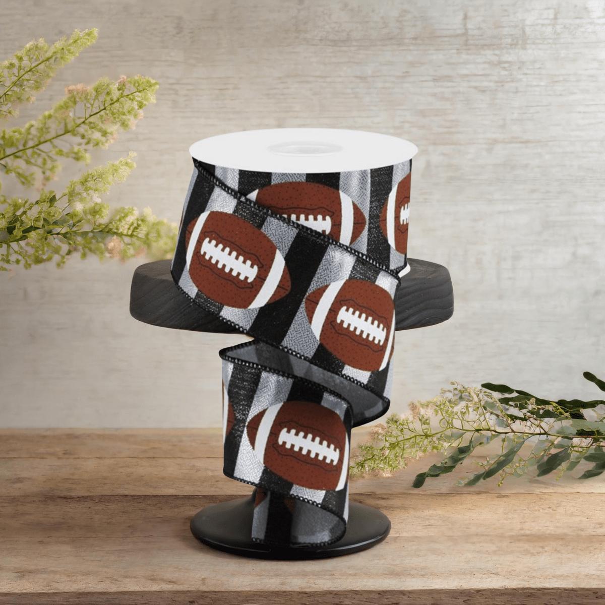 Shop For 2.5" Footballs On Stripe Ribbon: Black & Silver (10 Yards)