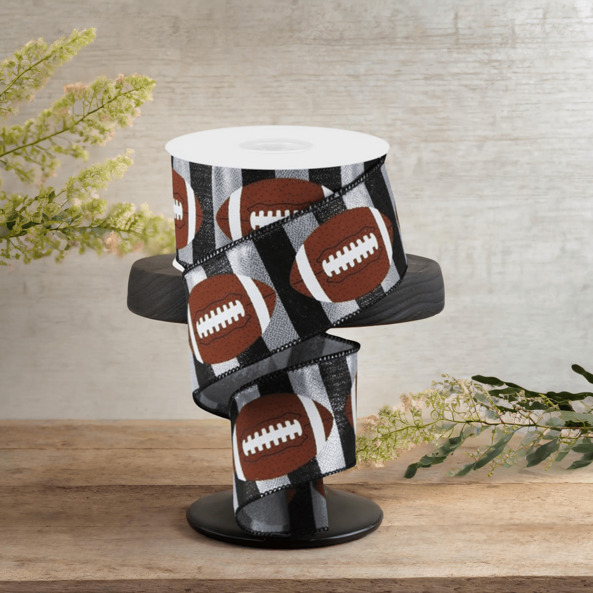 Shop For 2.5" Footballs On Stripe Ribbon: Black & Silver (10 Yards)