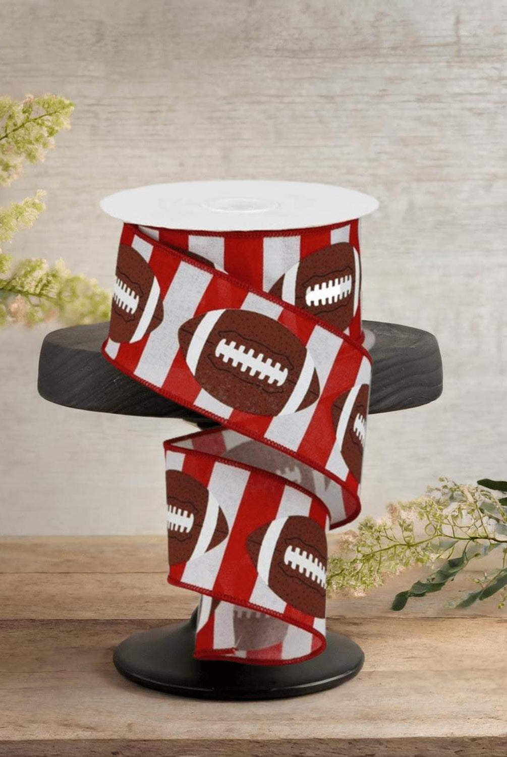 2.5" Footballs On Stripe Ribbon: Crimson & White (10 Yards)