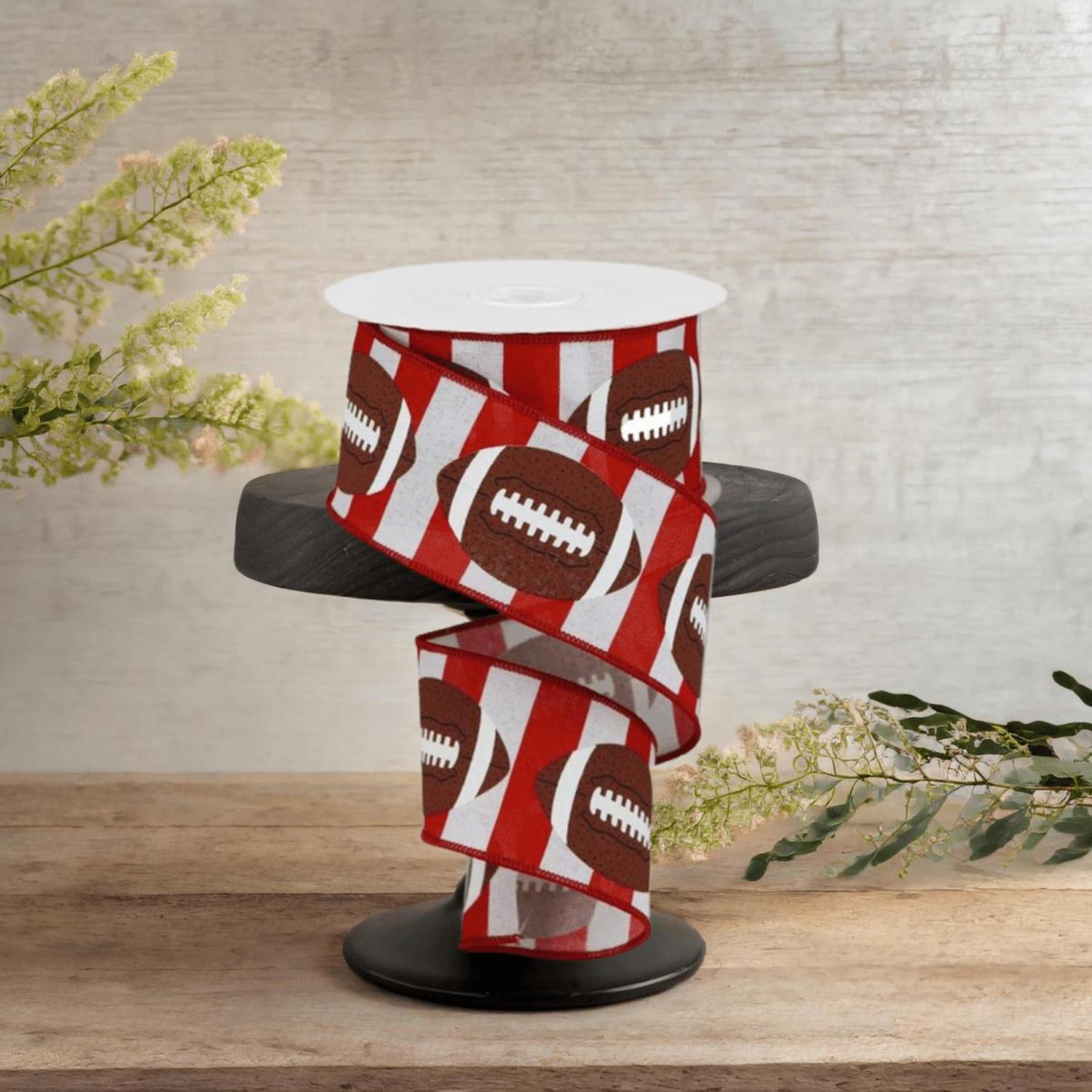 2.5" Footballs On Stripe Ribbon: Crimson & White (10 Yards)