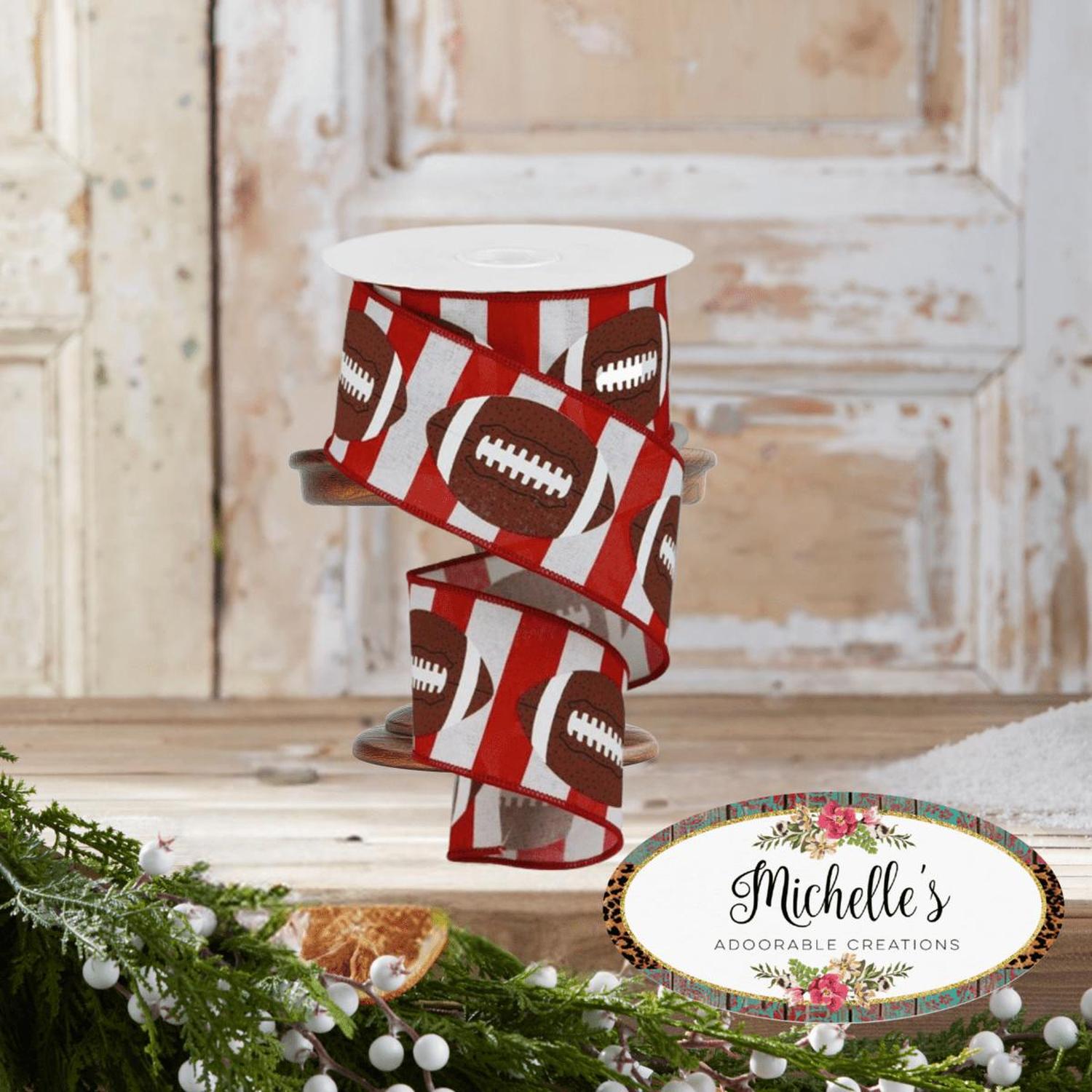 2.5" Footballs On Stripe Ribbon: Crimson & White (10 Yards)