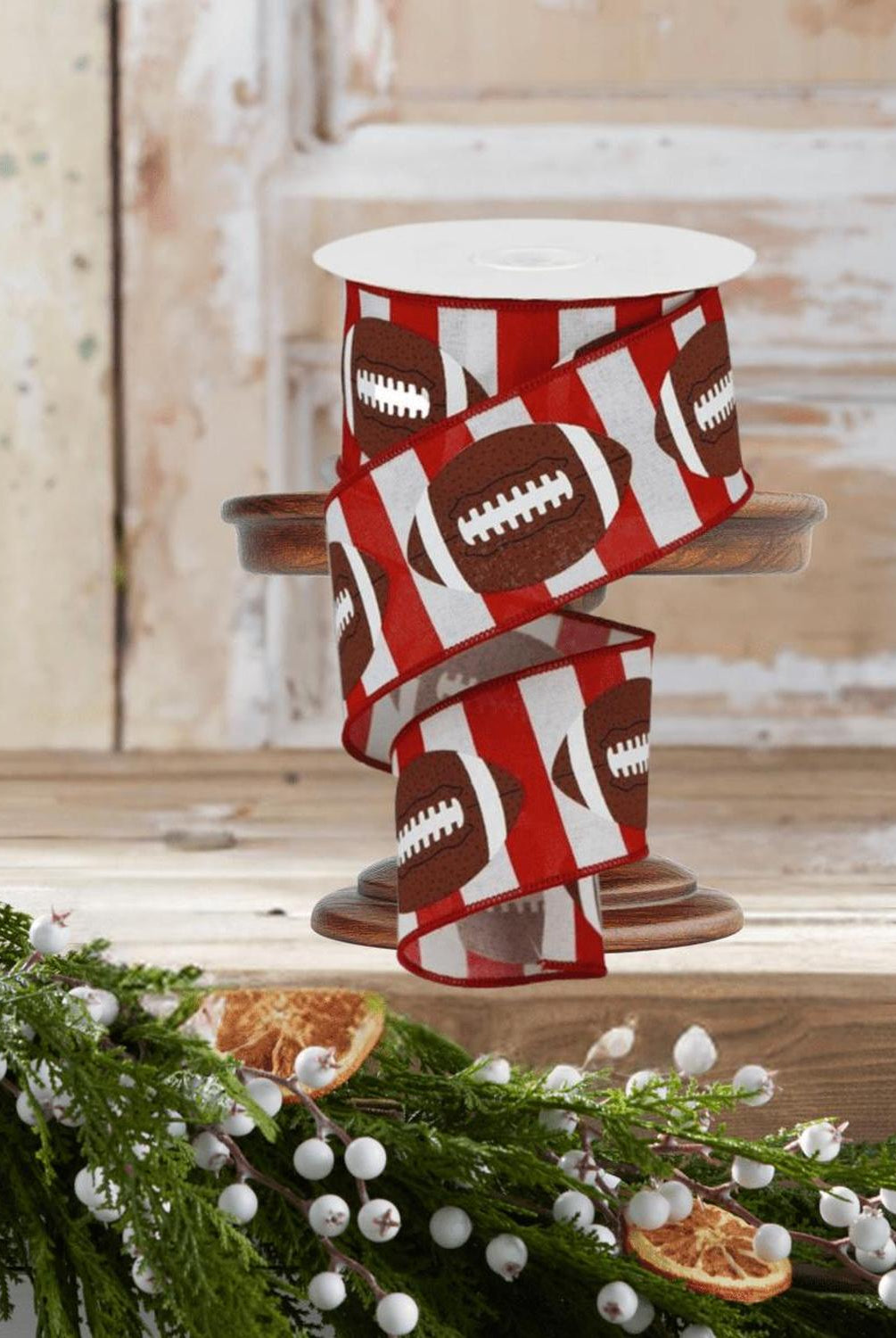 2.5" Footballs On Stripe Ribbon: Crimson & White (10 Yards)