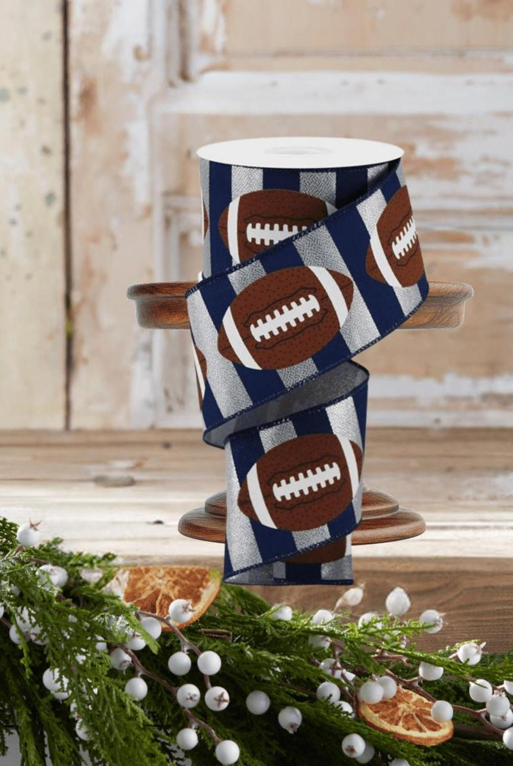 2.5" Footballs On Stripe Ribbon: Silver & Navy (10 Yards)