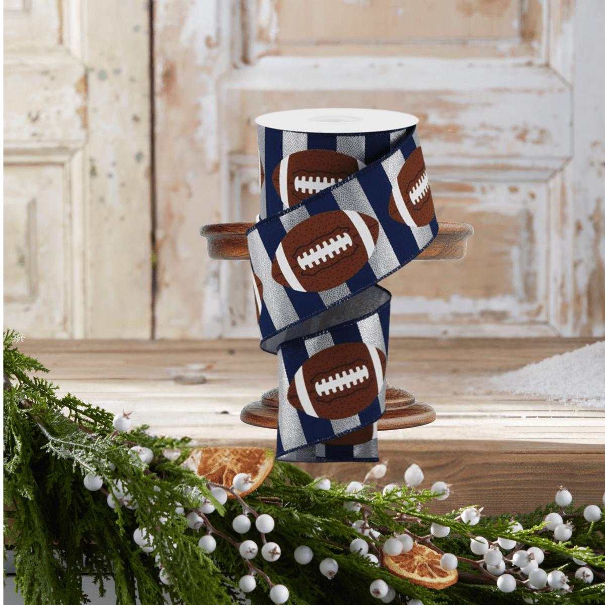 Shop For 2.5" Footballs On Stripe Ribbon: Silver & Navy (10 Yards)