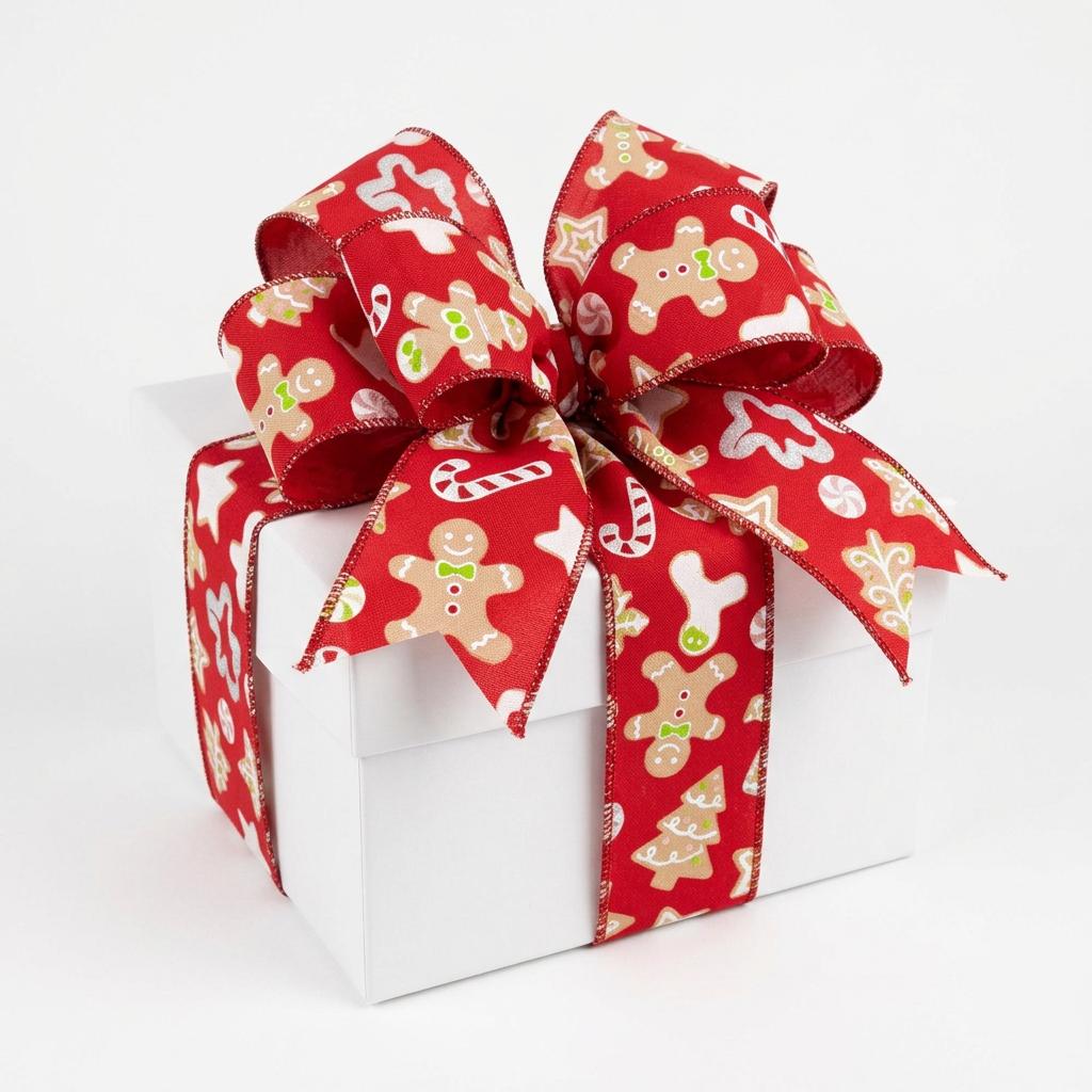 Gift box wrapped with red gingerbread wired ribbon multi-loop bow