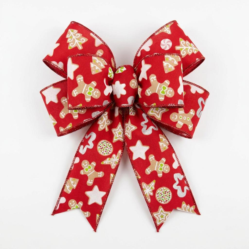 Pre-made red wired ribbon bow with gingerbread men and stars