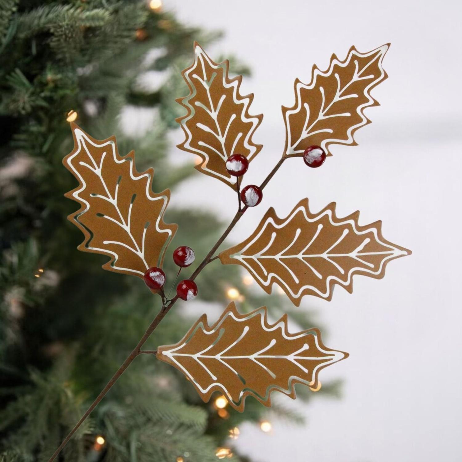 25" Gingerbread Holly Leaf Spray