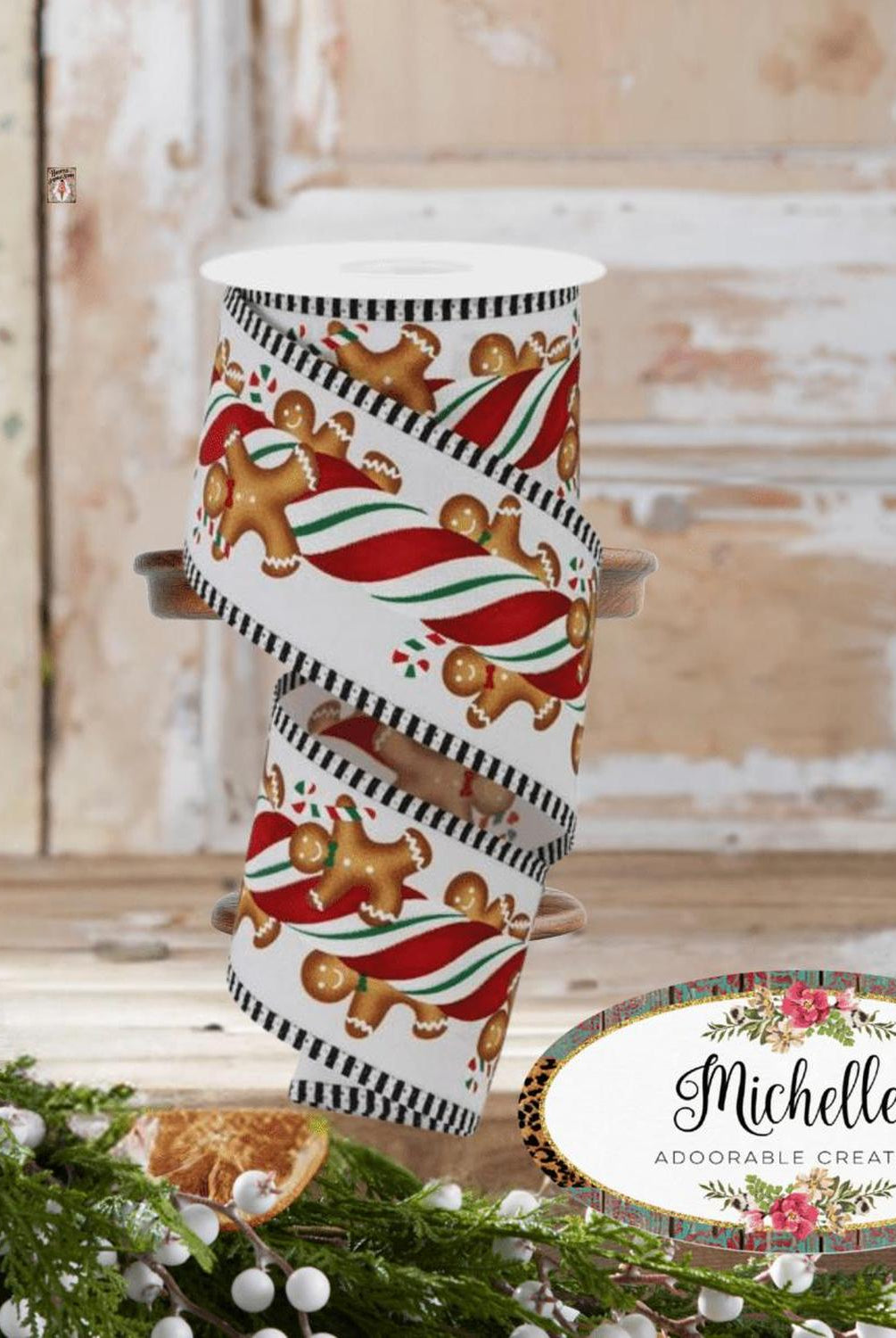 2.5" Gingerbread Kids Stripe Ribbon: White/Red (10 Yards)