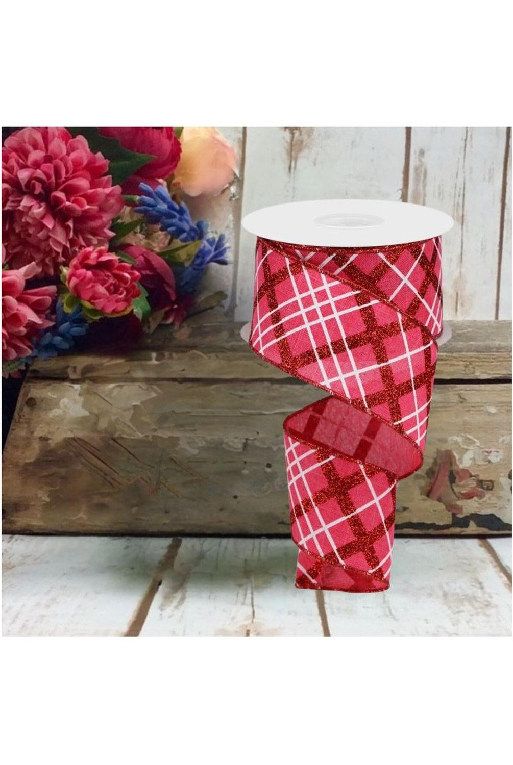 2.5" Glitter Diagonal Plaid: Hot Pink/Red (10 Yard)