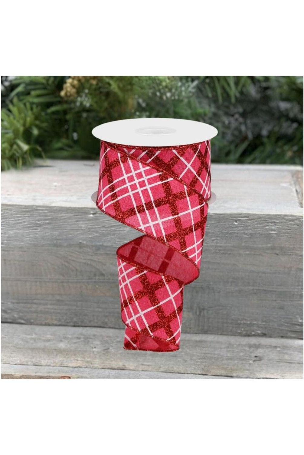 2.5" Glitter Diagonal Plaid: Hot Pink/Red (10 Yard)