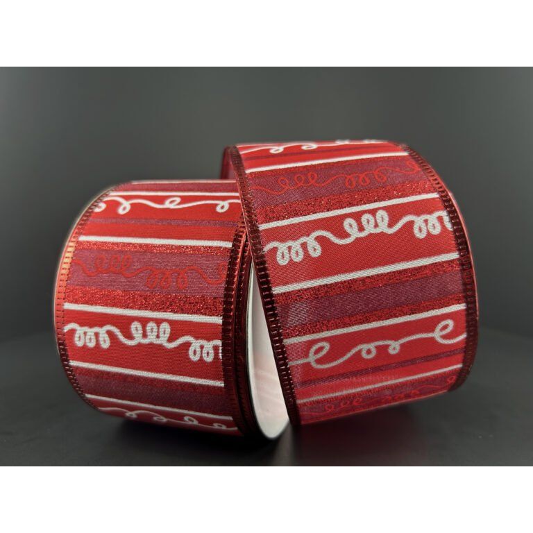 Shop For 2.5" Glitter Loopy Stripes Ribbon: Dark Red & White (10 Yards) at Michelle's aDOORable Creations