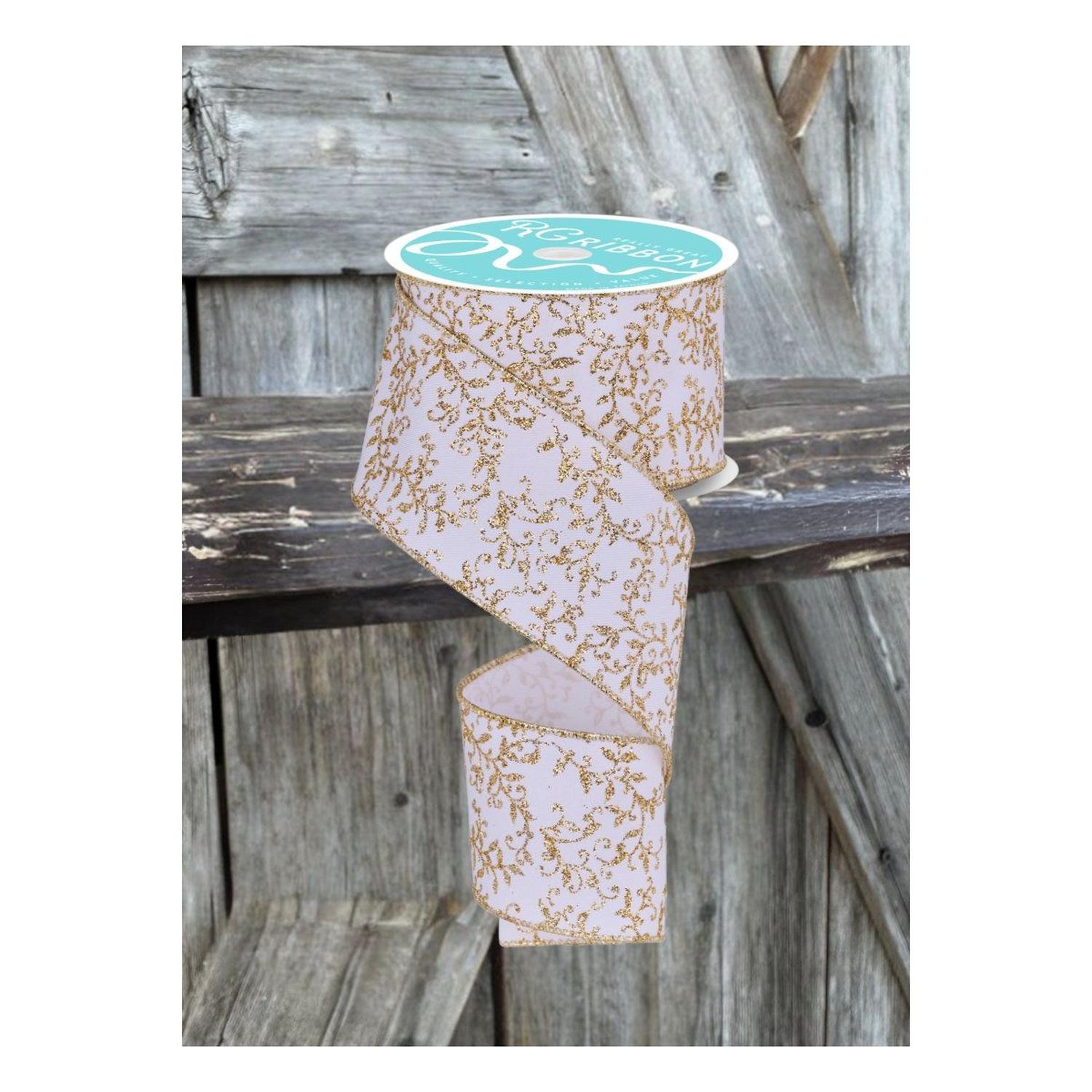 2.5" Glitter Mini Leaf Vines Ribbon: Gold/White (10 Yards)