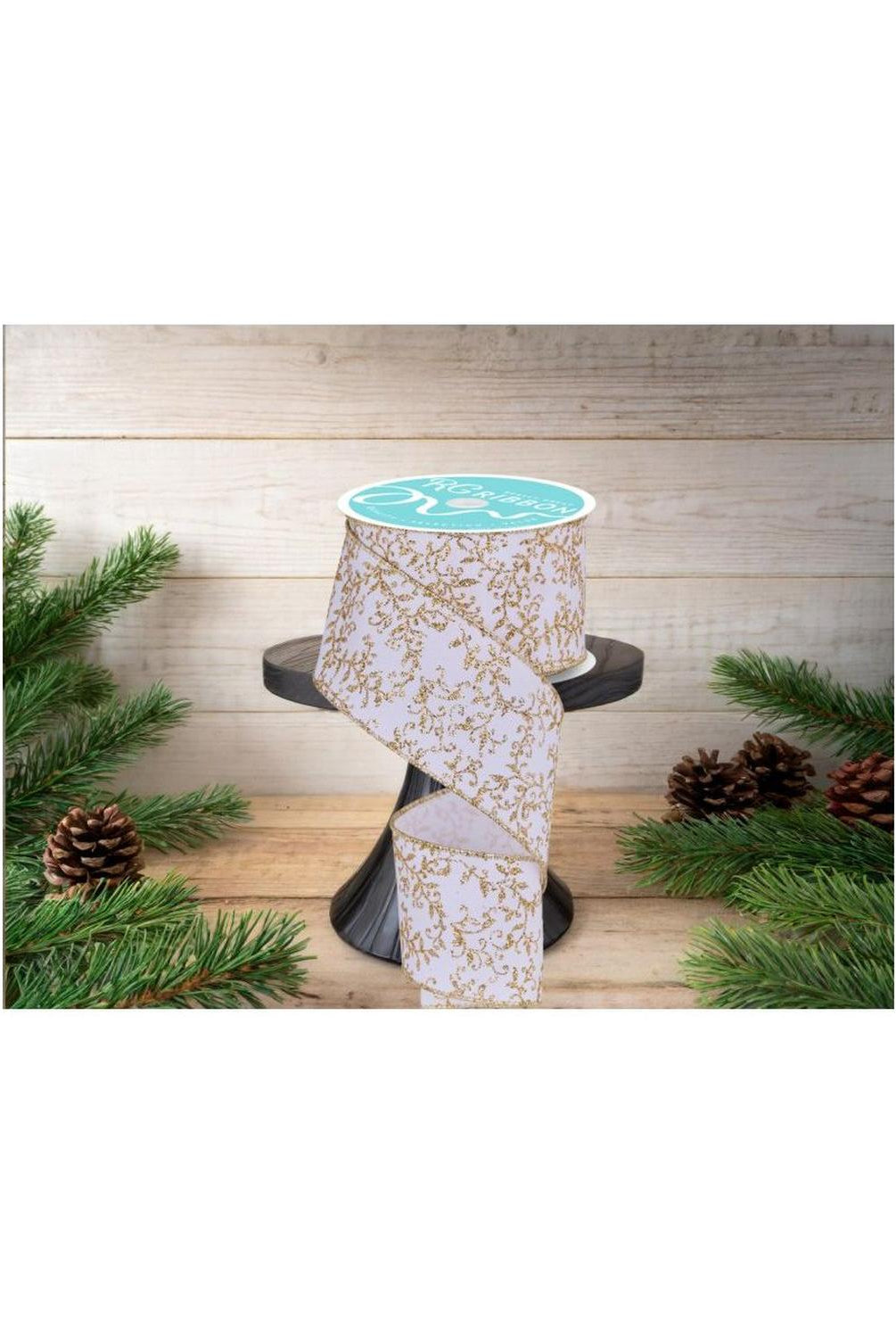 2.5" Glitter Mini Leaf Vines Ribbon: Gold/White (10 Yards)