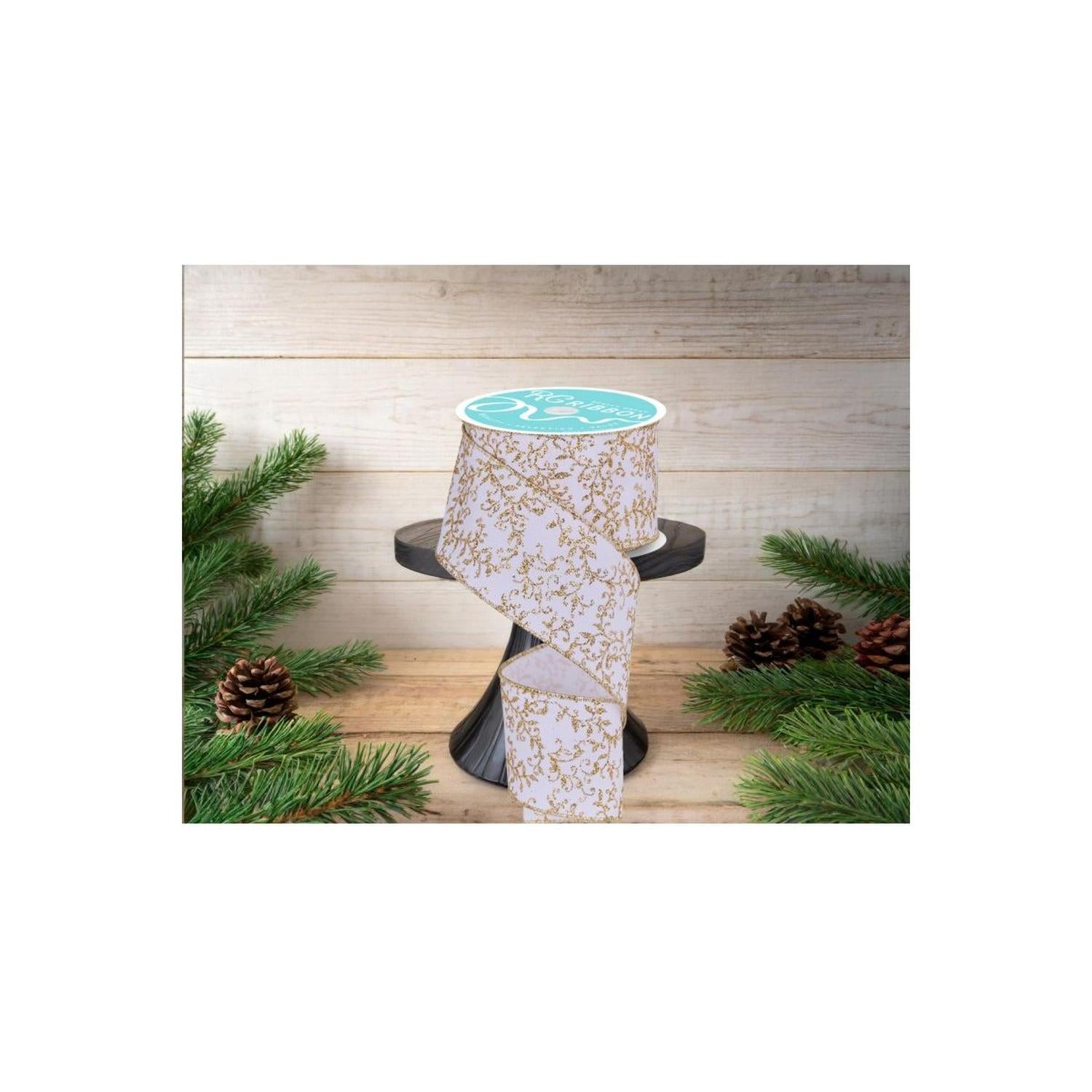 2.5" Glitter Mini Leaf Vines Ribbon: Gold/White (10 Yards)