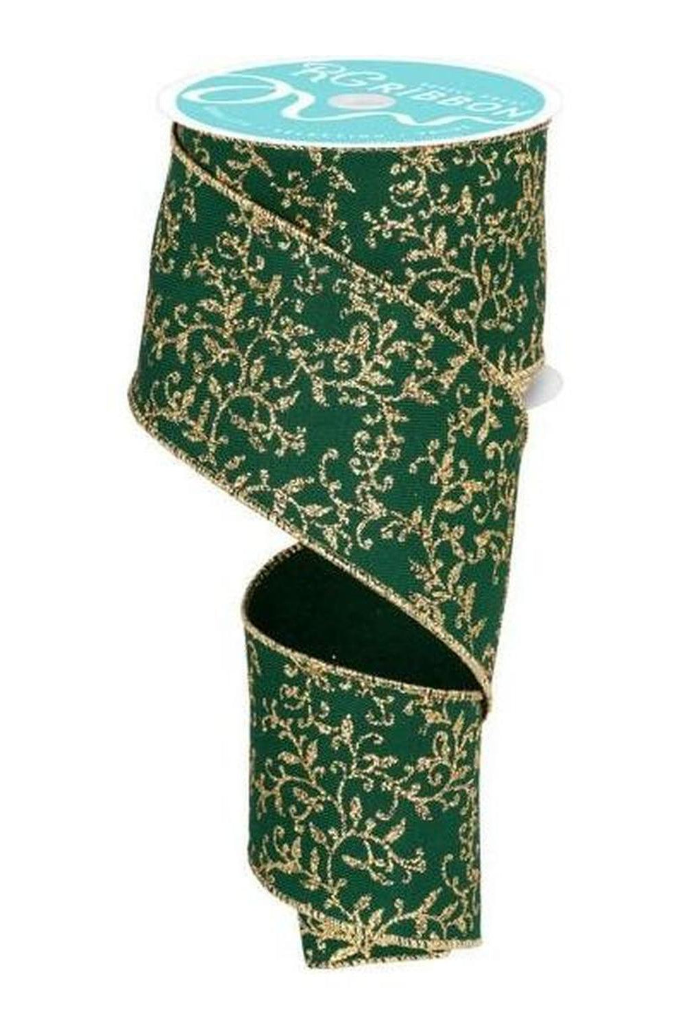 2.5" Glitter Mini Leaf Vines Ribbon: Hunter Green/Gold (10 Yards)