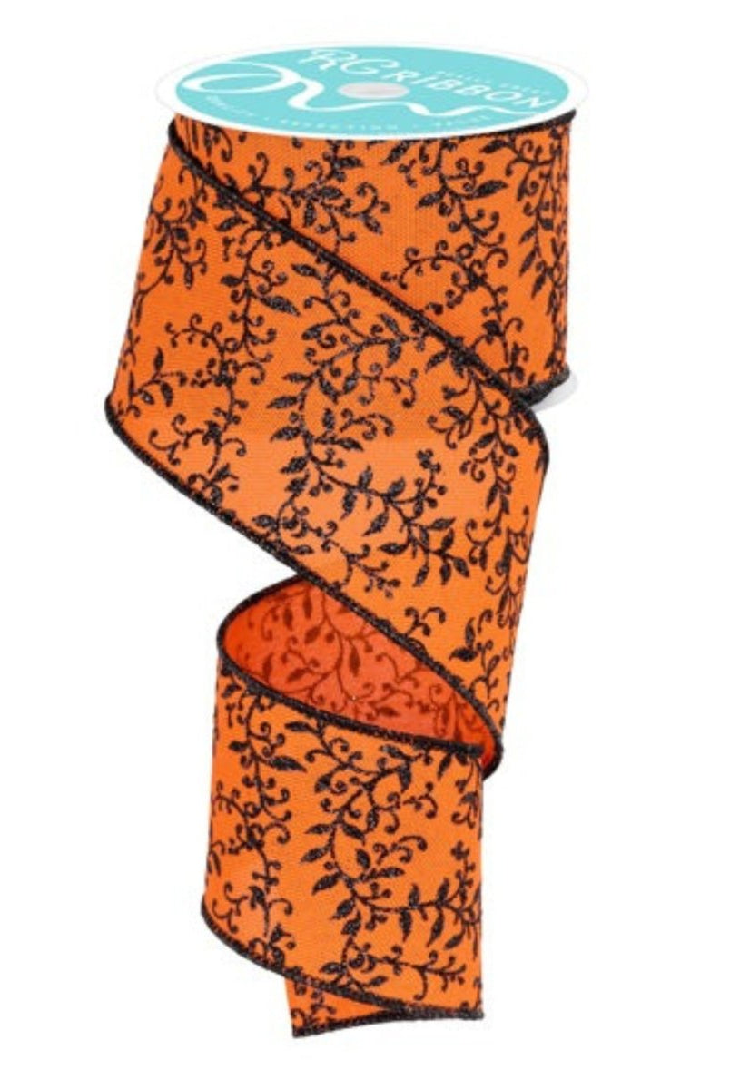 Shop For 2.5" Glitter Mini Leaf Vines Ribbon: Orange/Black (10 Yards)