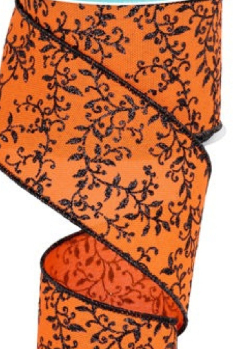 Shop For 2.5" Glitter Mini Leaf Vines Ribbon: Orange/Black (10 Yards)