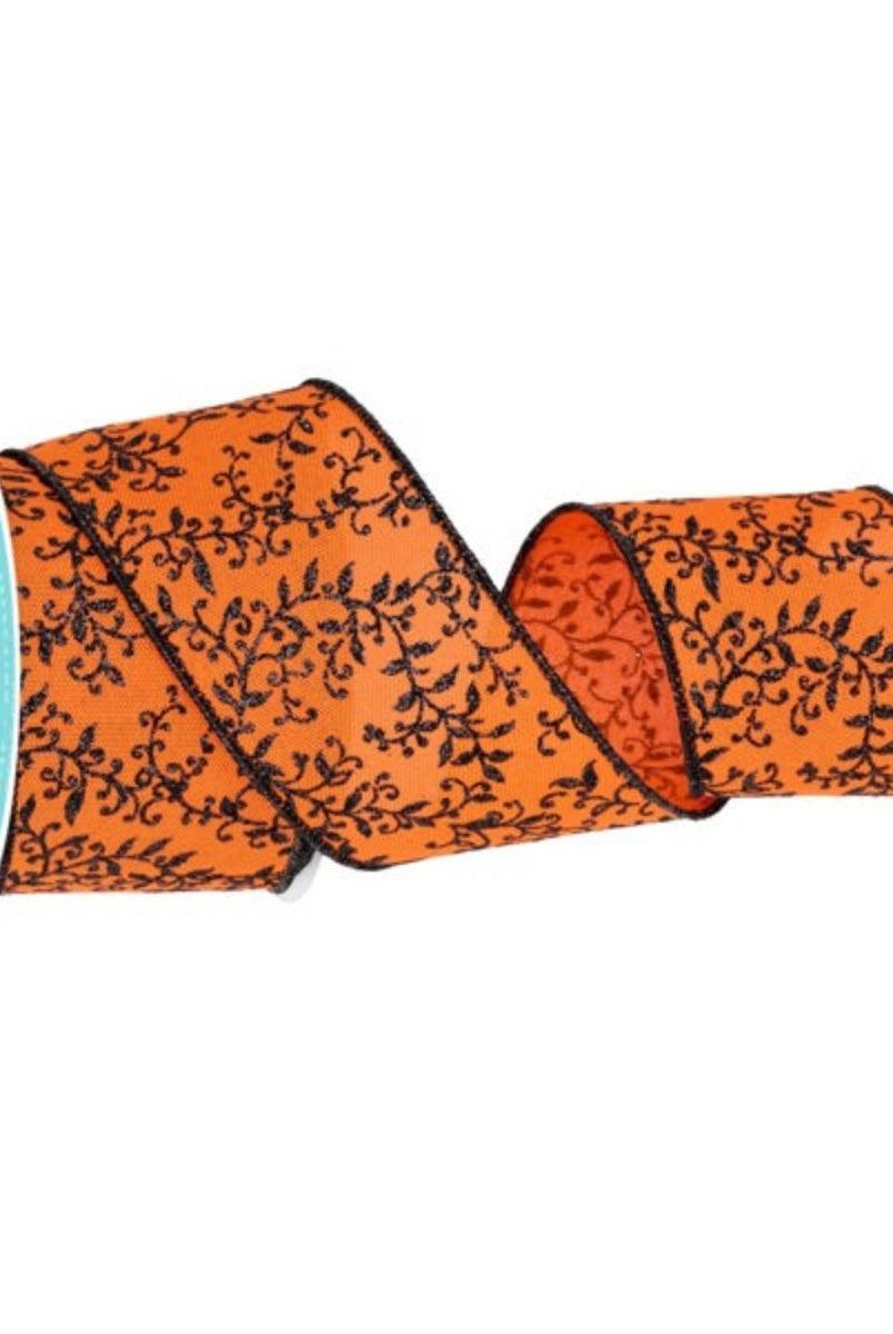 Shop For 2.5" Glitter Mini Leaf Vines Ribbon: Orange/Black (10 Yards)