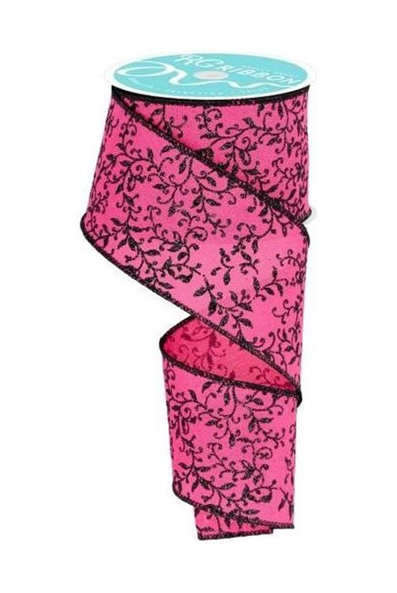 Shop For 2.5" Glitter Mini Leaf Vines Ribbon: Pink/Black (10 Yards) at Michelle's aDOORable Creations