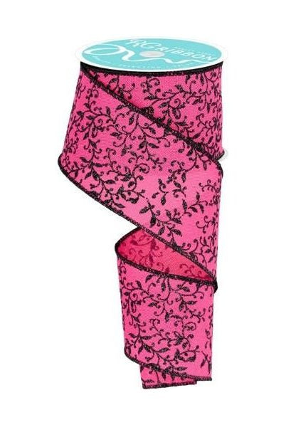 Shop For 2.5" Glitter Mini Leaf Vines Ribbon: Pink/Black (10 Yards) at Michelle's aDOORable Creations