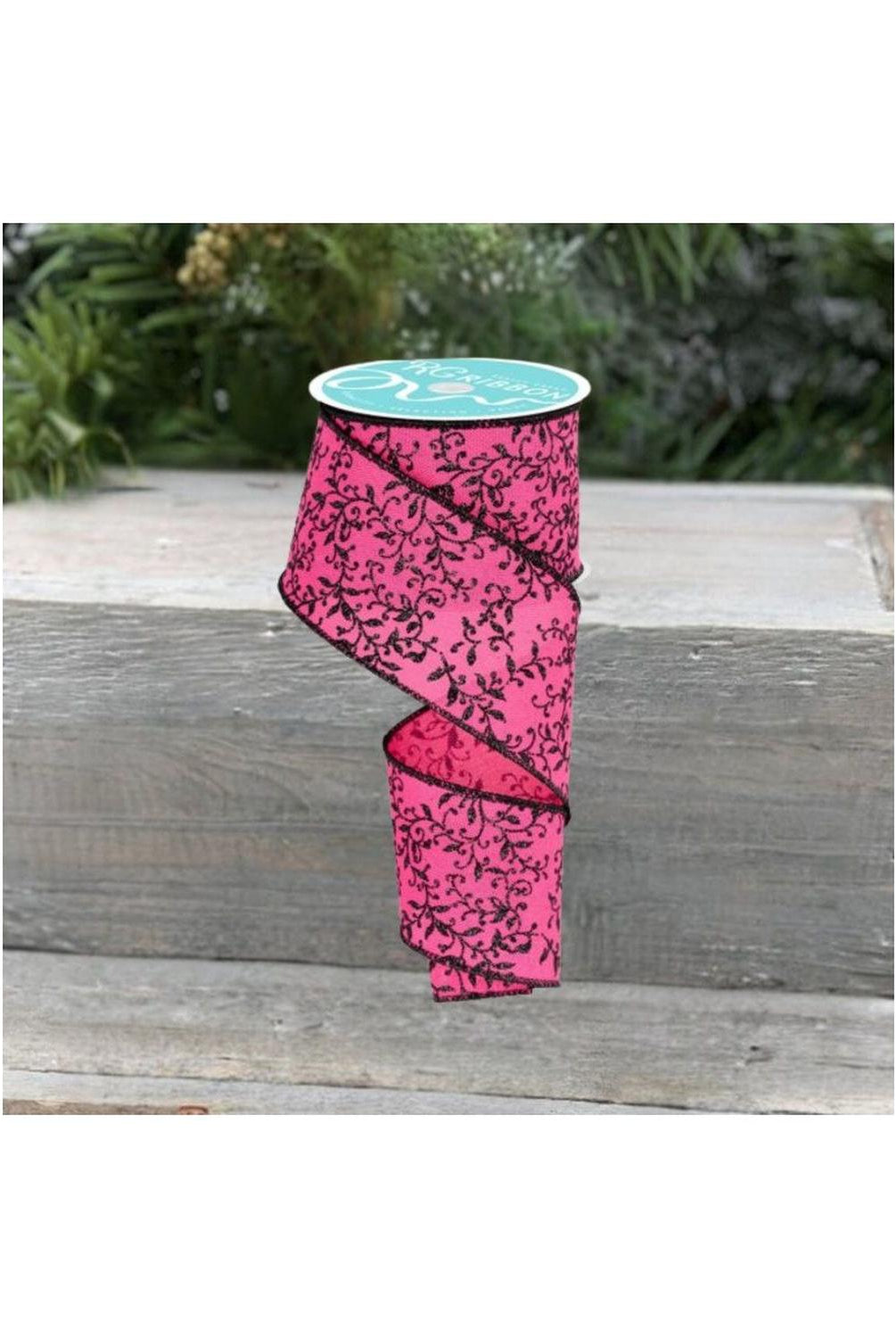 2.5" Glitter Mini Leaf Vines Ribbon: Pink/Black (10 Yards)