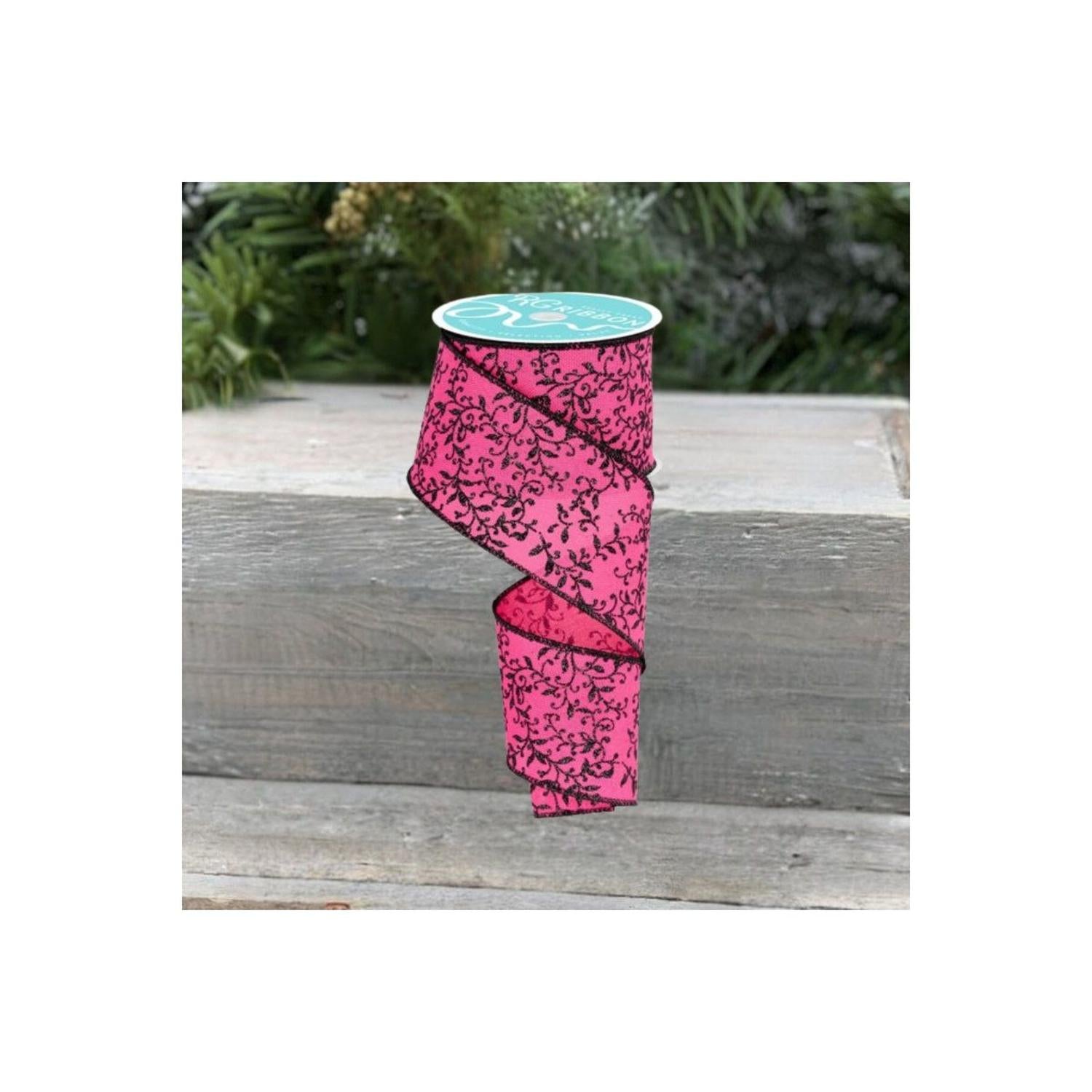 2.5" Glitter Mini Leaf Vines Ribbon: Pink/Black (10 Yards)