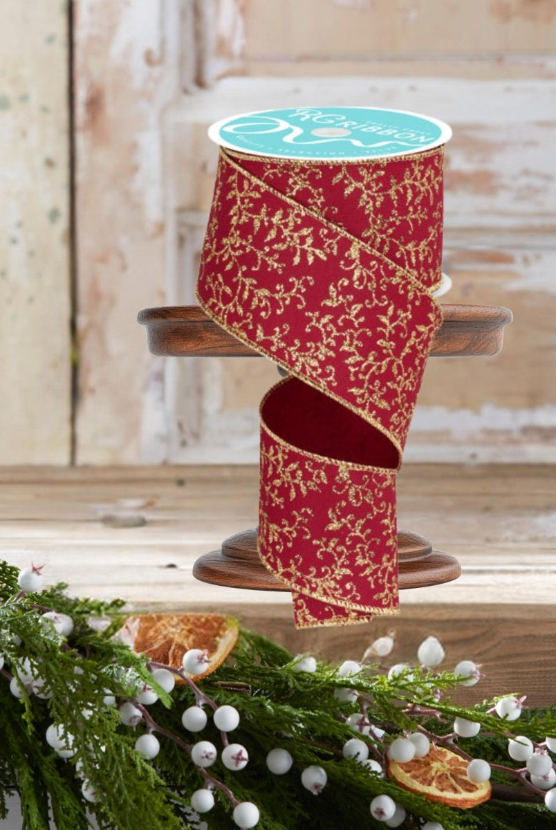Shop For 2.5" Glitter Mini Leaf Vines Ribbon: Wine/Gold (10 Yards)