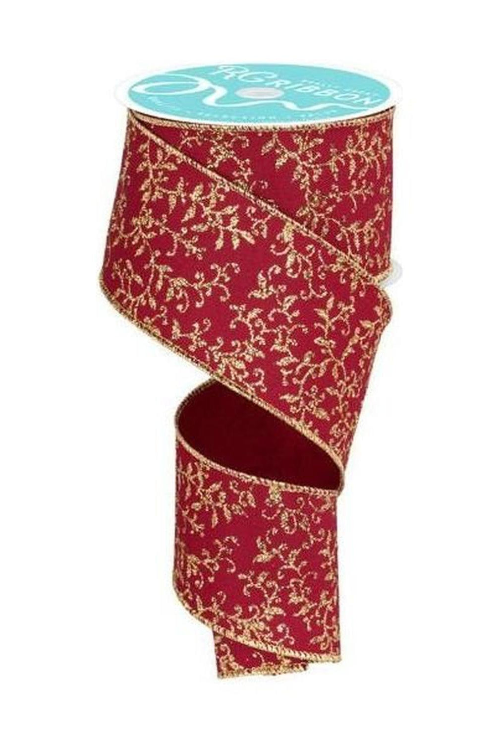 2.5" Glitter Mini Leaf Vines Ribbon: Wine/Gold (10 Yards)