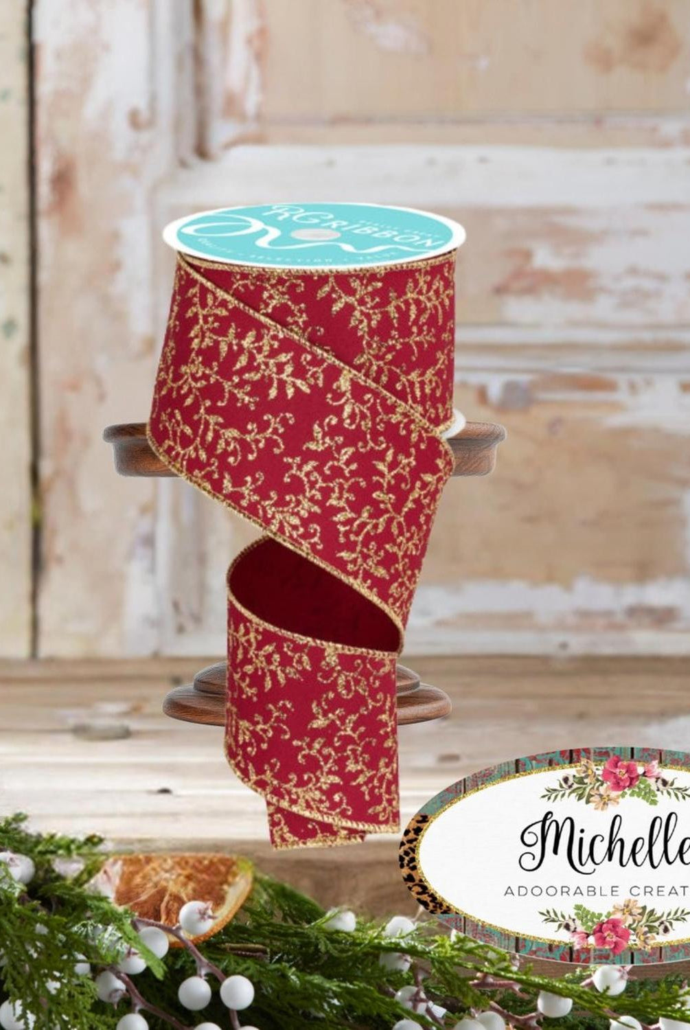 2.5" Glitter Mini Leaf Vines Ribbon: Wine/Gold (10 Yards)