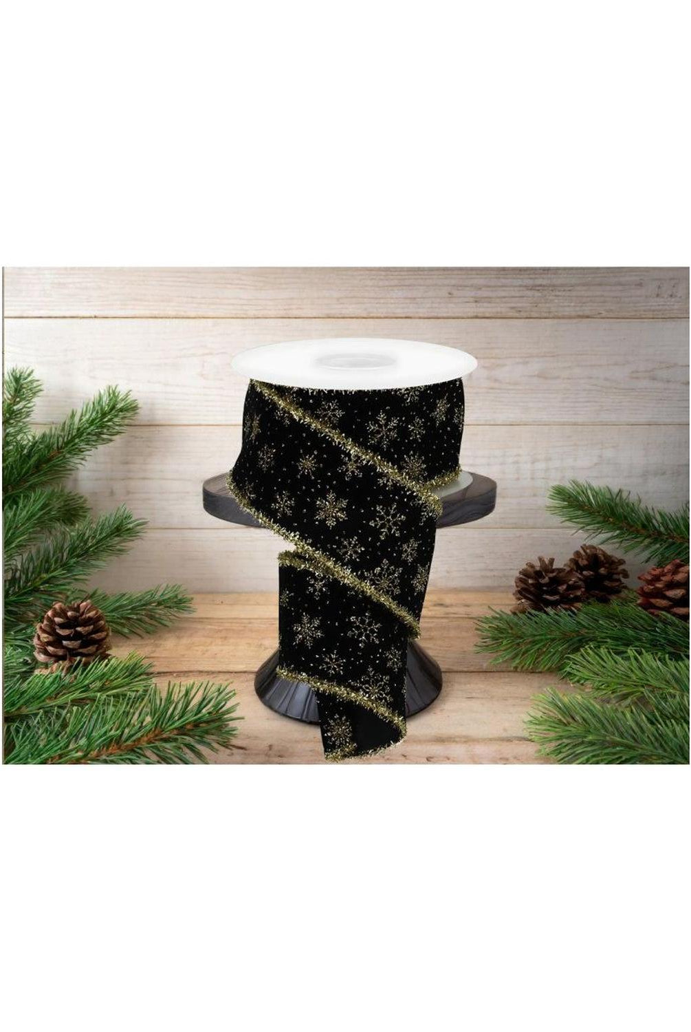 2.5" Glitter Snowflakes Tinsel Ribbon: Gold/Black (10 Yards)