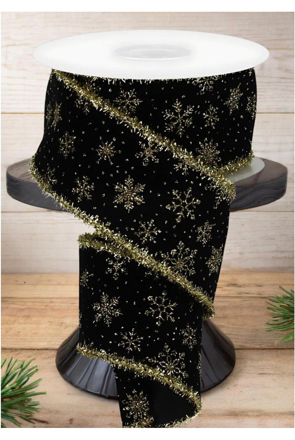 2.5" Glitter Snowflakes Tinsel Ribbon: Gold/Black (10 Yards)