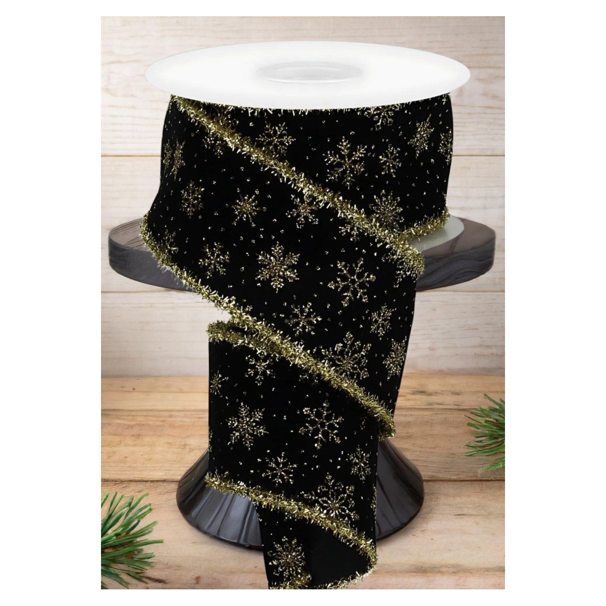Shop For 2.5" Glitter Snowflakes Tinsel Ribbon: Gold/Black (10 Yards)