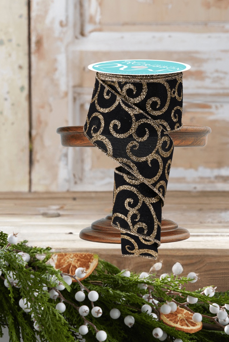 Shop For 2.5" Glitter Swirl Ribbon: Black/Gold (10 Yards)