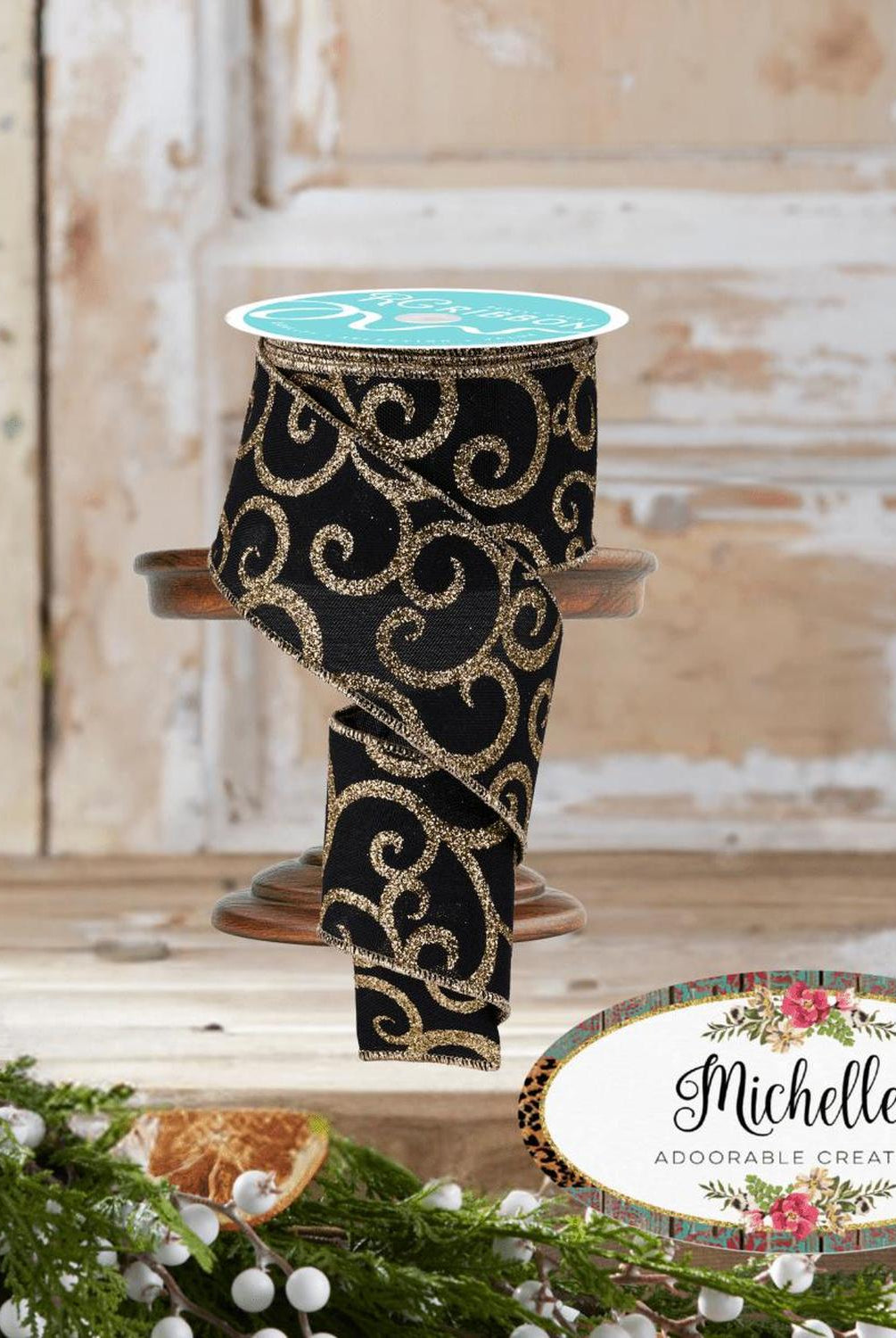 2.5" Glitter Swirl Ribbon: Black/Gold (10 Yards)