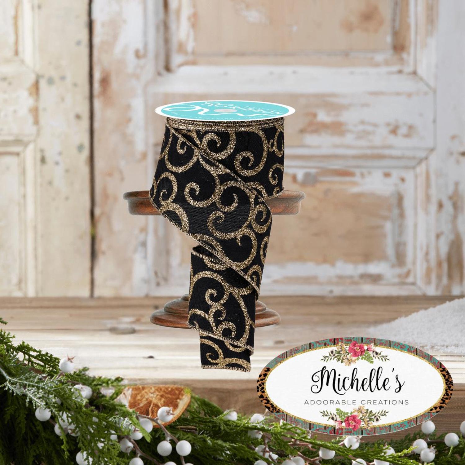 Shop For 2.5" Glitter Swirl Ribbon: Black/Gold (10 Yards)