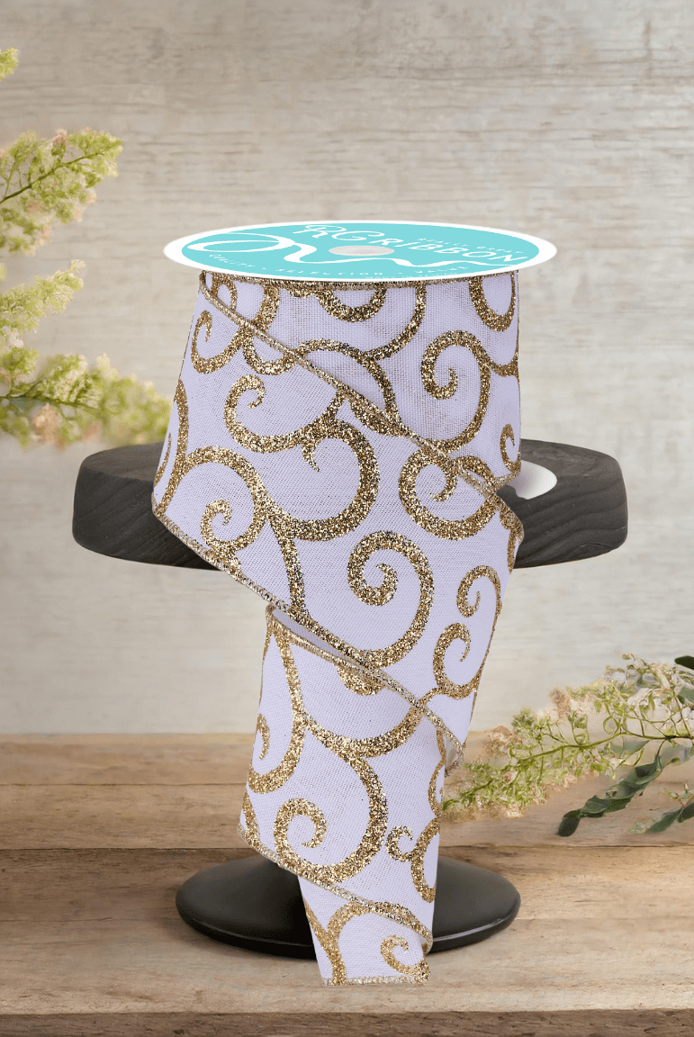 Shop For 2.5" Glitter Swirl Ribbon: White/Gold (10 Yards)
