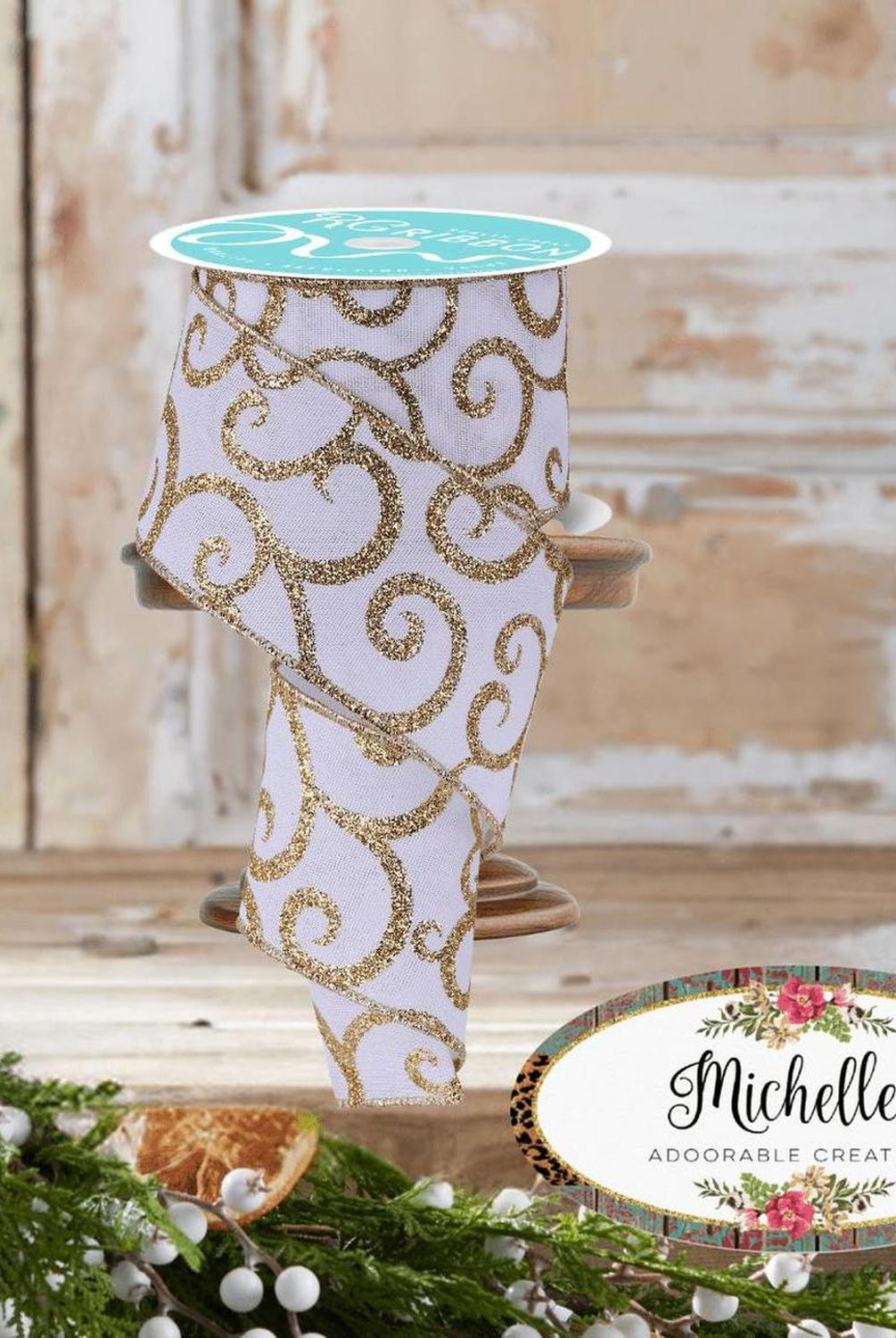 2.5" Glitter Swirl Ribbon: White/Gold (10 Yards)